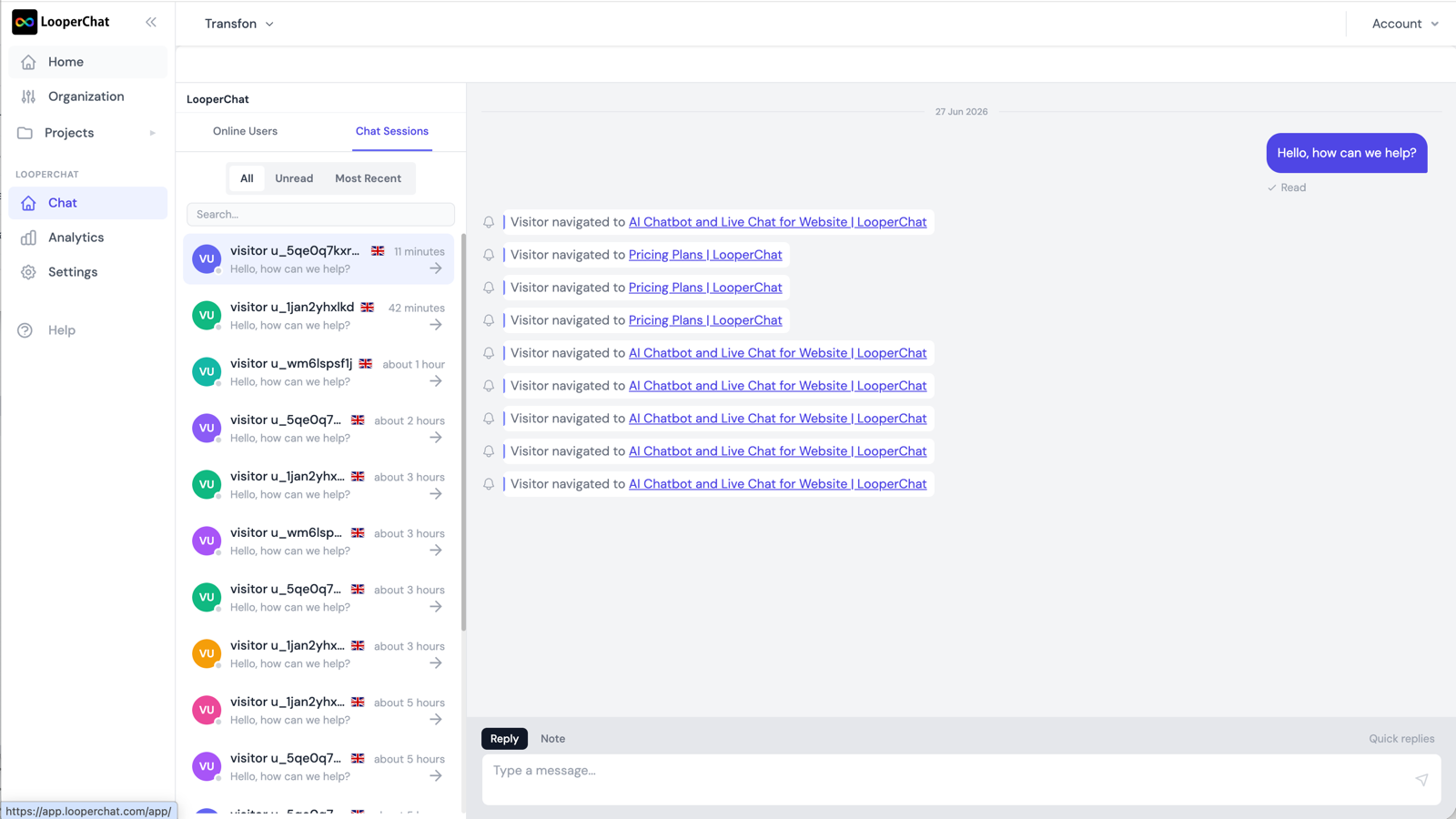 LooperChat AI chatbot dashboard showing live chat inbox with visitor conversations, colored avatars, message search, and agent reply interface