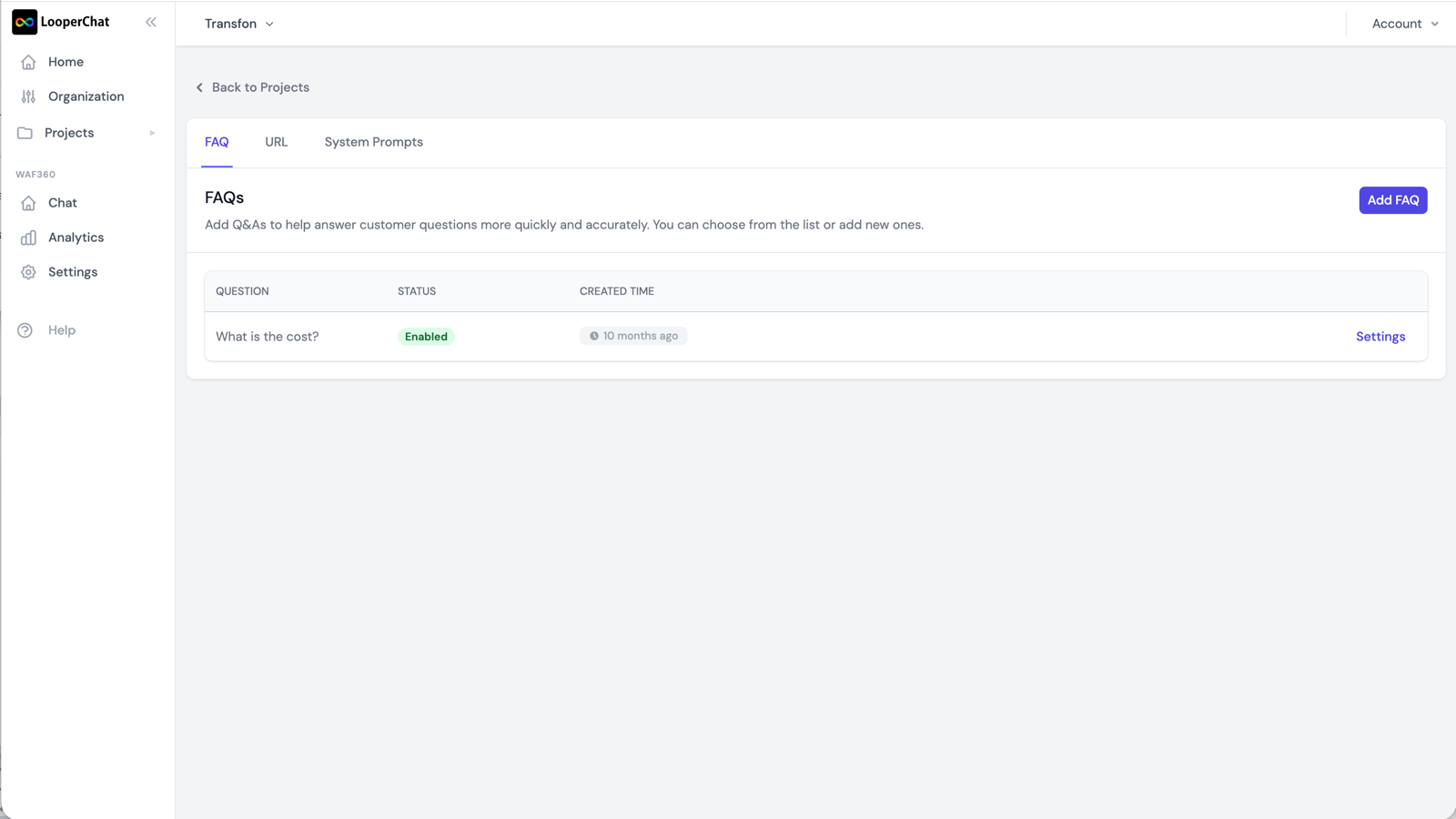 LooperChat FAQ training page where merchants add questions and answers to train the AI chatbot knowledge base